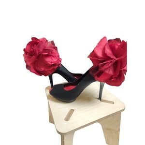 Beverly Feldman Black Satin Peep Toe Platform Heels Red Flower Accent 7.5M